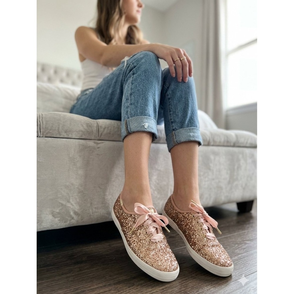Keds x Kate Spade Rose Gold Glitter Champion Sneakers WF52991 Womens 9.5